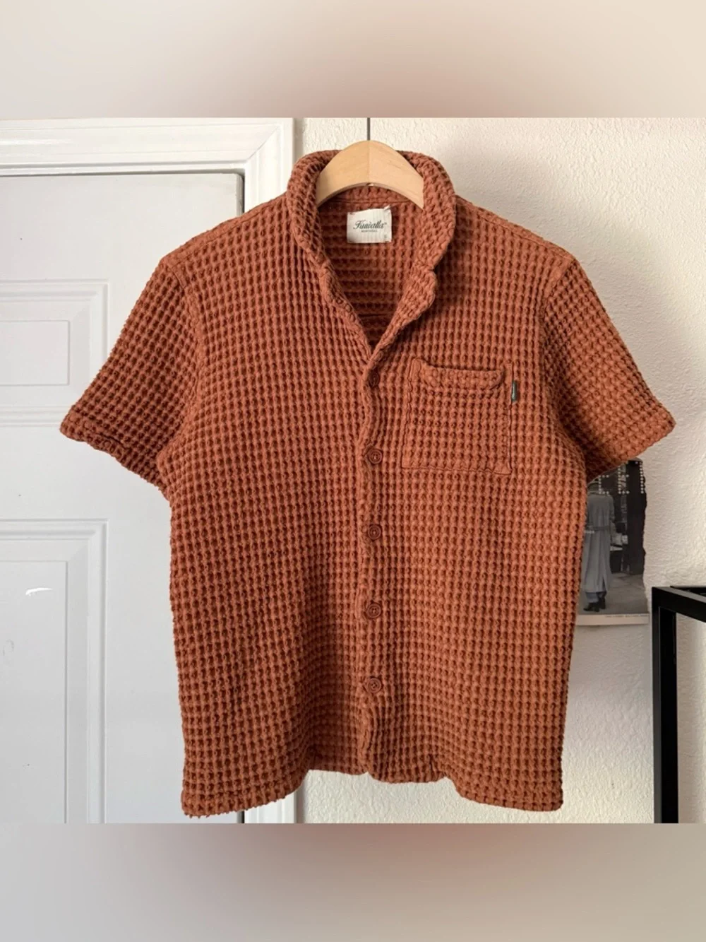 KUWALLA rust orange waffle thermal knit‎ button up short sleeve shirt